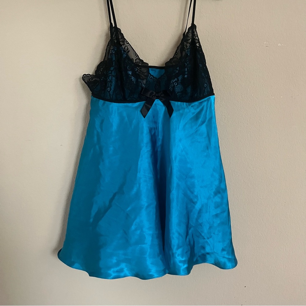 In Bloom Satiny blue and black lace lingerie